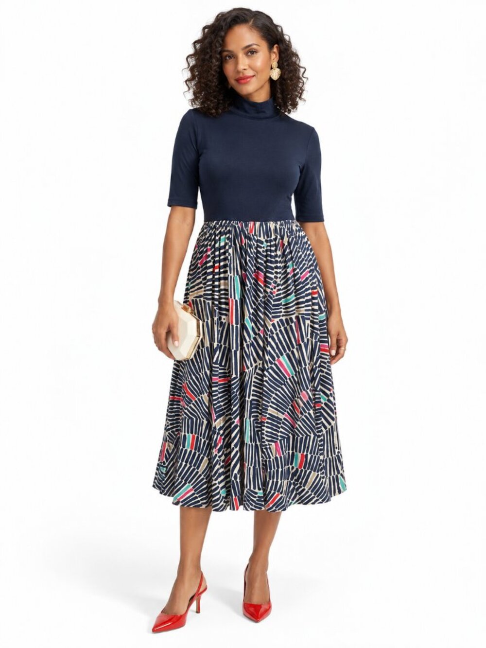 Trina Turk Navy Multicolor Geometric Midi Dress Size S Mock Neck Retro Modern